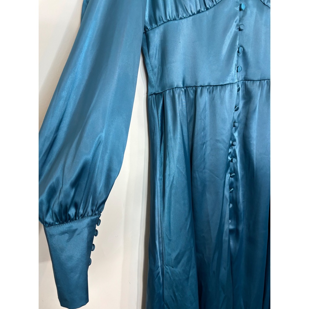 Colon Diana Teal Satin Bishop Sleeve Button Front Midi Dress Womens - Picture 7 of 16